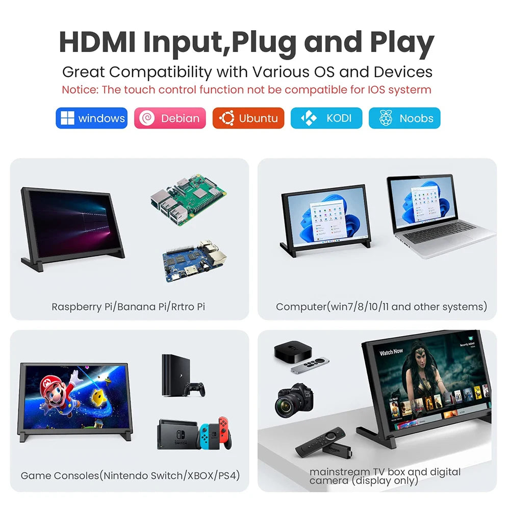 Portable HD 1280X800 Capacitive Touch Screen 10" Raspberry Pi Monitor Driver-free 10-point Touchscreen IPS Display for Banana Pi&Raspberry Pi 4B/3B+/3A+/2B,Compatiable with Win 7/8/10/11,Gift for DIY programmer