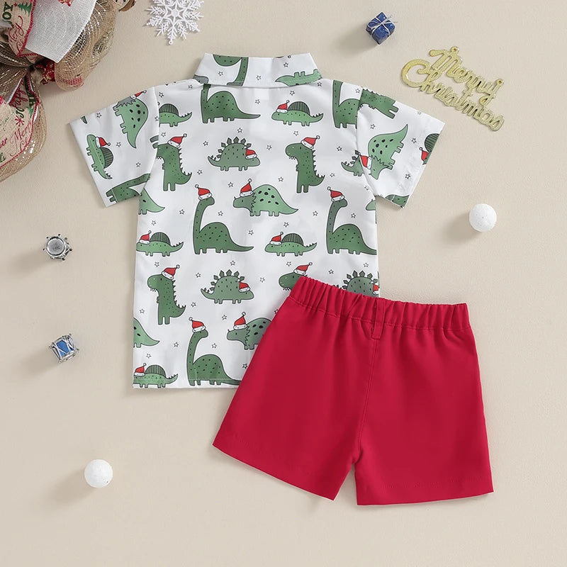 Baby Boy 2 Piece Set Christmas Reindeer Print Button Short Sleeve Shirt and Shorts for Holiday Formal Wear