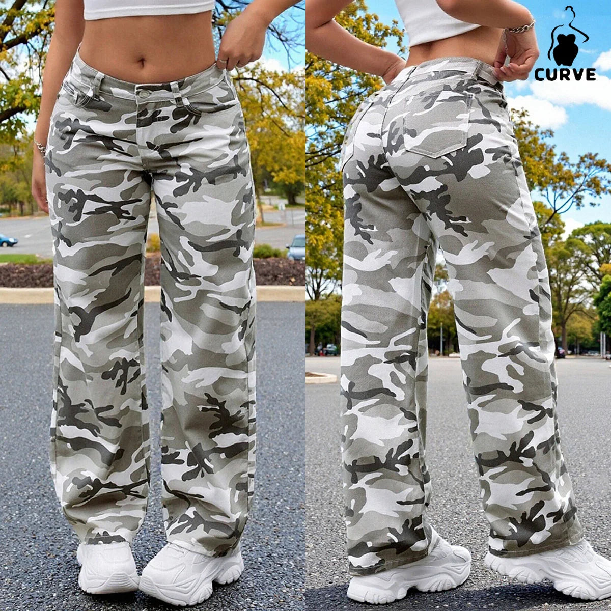 Plus-Size Women's Camo Relaxed-Fit Denim Jeans - Versatile for Casual Wear, Retains Shape Well