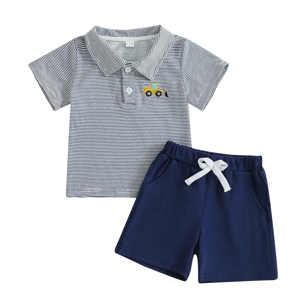 Boys Casual Summer Outfit Set with Short Sleeve Lapel Collar Striped Shirt and Matching Shorts - Trendy Kids Clothing