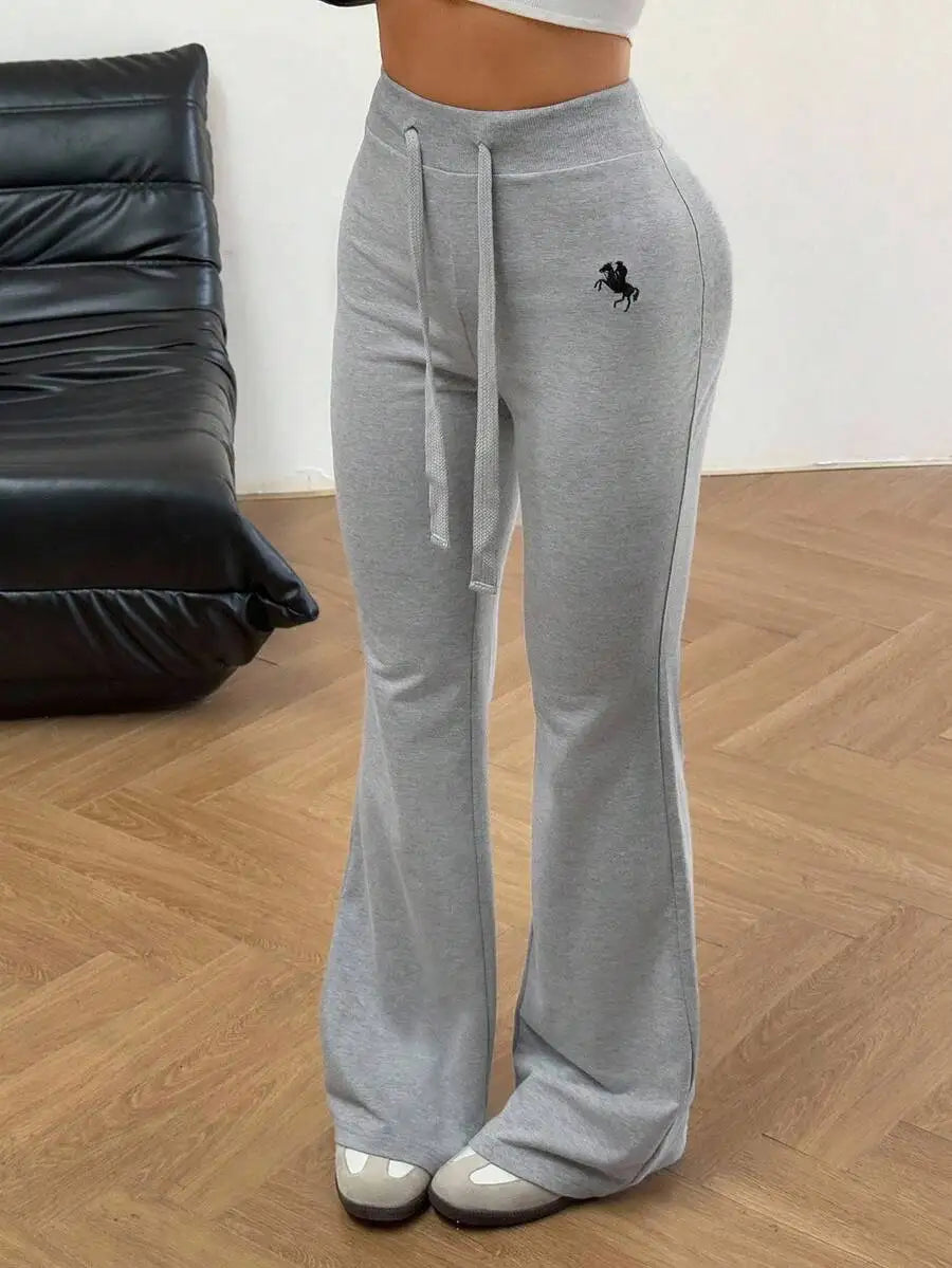 Women's Gray Knitted Flare Sweatpants with Drawstring Waist.