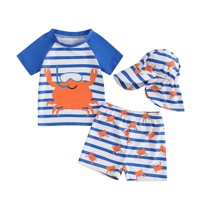 Boys Ocean Adventure Rash Guard Swim Set Tropical Fish Print Short Sleeve T-shirt with Board Shorts and Sun Hat Swimwear