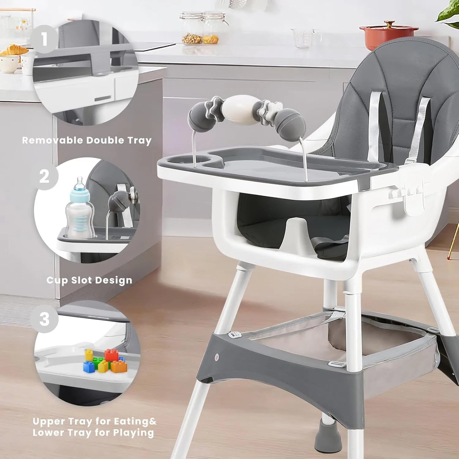 Foldable High Chair – Easy to Clean, Padded Seat with Footrest, Tray & Cup Holder