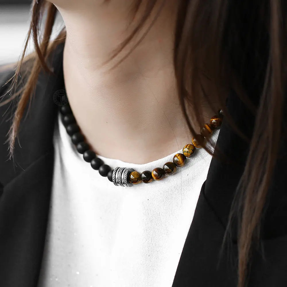 Natural Tiger Eyes Stone Bead Necklace for Men Women Stainless Steel Charm Black Glass Bead Necklace Toggle Clasp