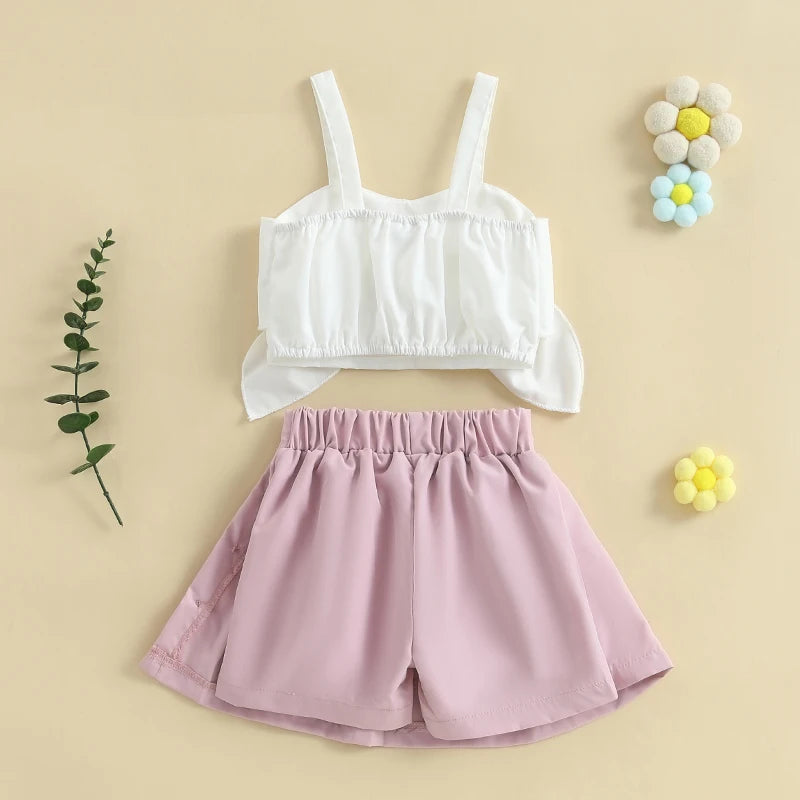 Kids 2Pcs Baby Girl Summer Outfits Sleeveless Bow Tank Tops + Shorts Skirt Set Toddler Clothes 1-5T