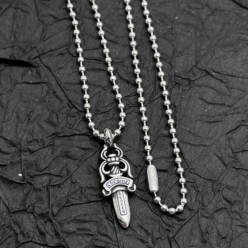Sterling Silver Retro Old Small Sword Pendant Necklace American Men and Women Niche