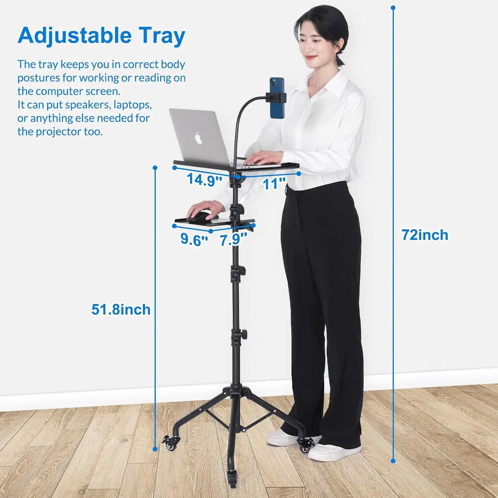 Adjustable Laptop Tripod Stand on Wheels with Phone Holder, Portable Projector Floor Stand 25.9 to 51.8 Inch