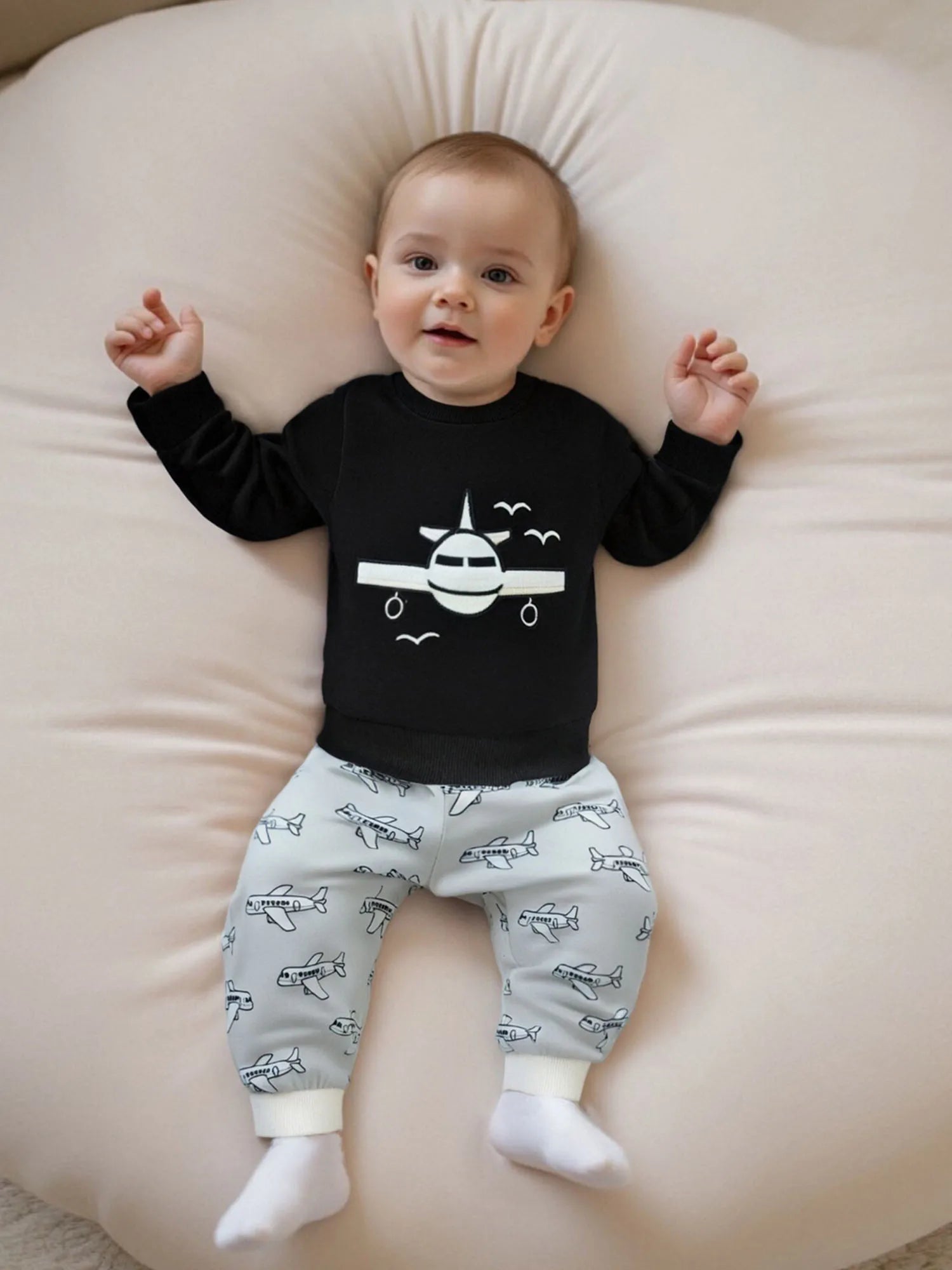 Baby Boy Autumn Clothes Airplane Embroidery Sweater Printed Elastic Waist Pants 2 Piece Outfit Set for Toddlers