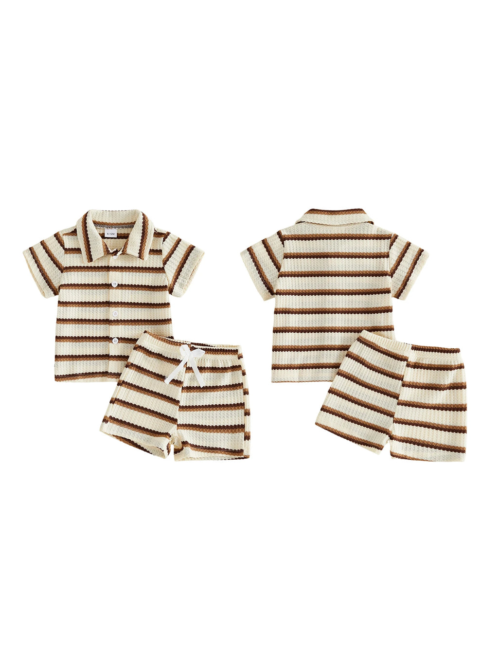 2Pcs Baby Boy Casual Wear Short Sleeve Lapel Neck Striped Print Waffle Knit Tops and Elastic Waist Shorts Set for Summer