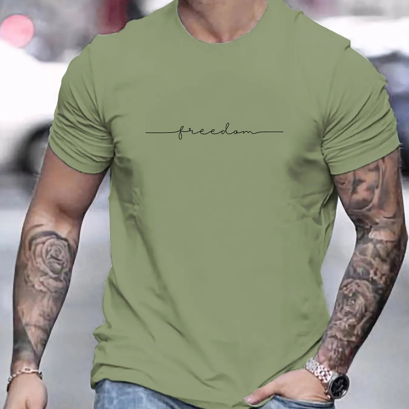 Men's Summer Loose Size 100% Cotton Freedom Graph Print Casual Slim Fit Round Neck T-shirt