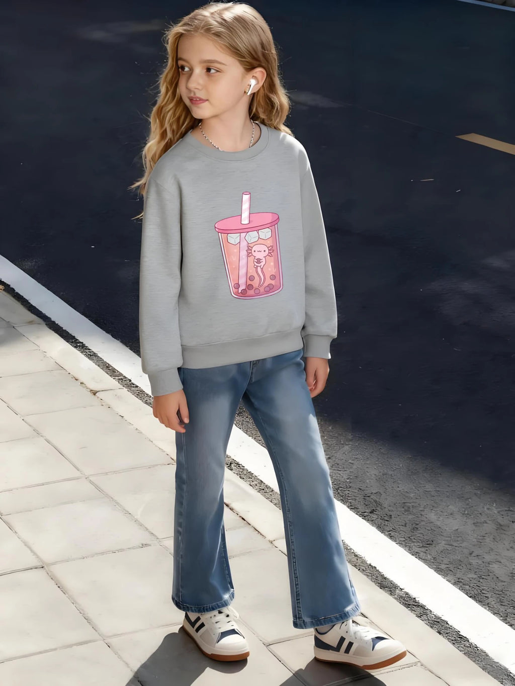 Children's Kids Cotton Bubble Tea in Cup Graphic Sweatshirt with Pearl Details for Boys Girls Sweet Theme Wear