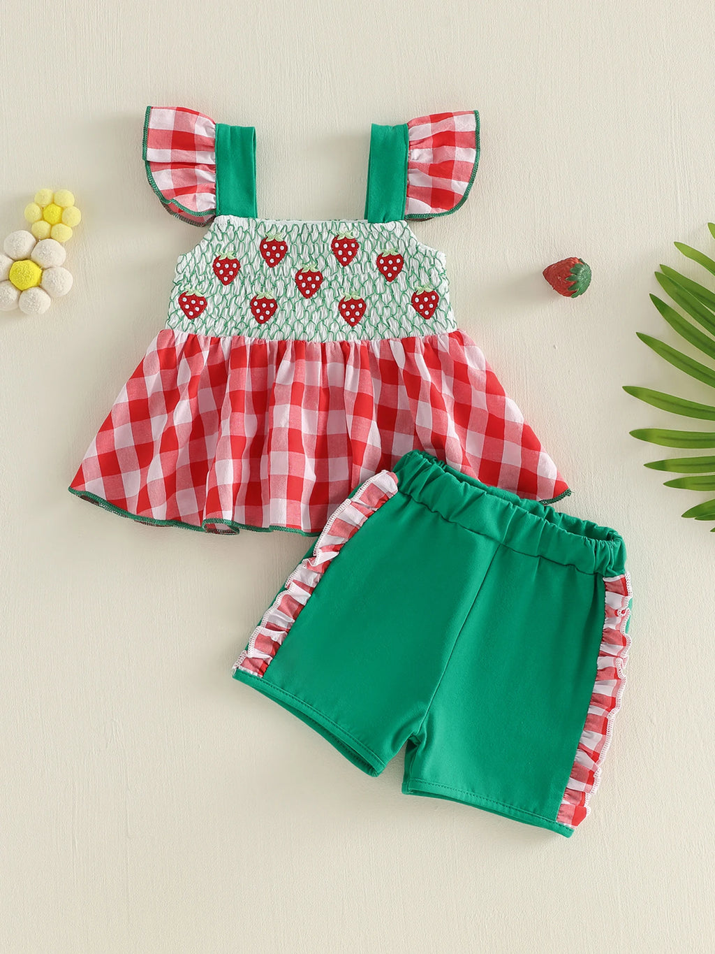 Adorable Toddler Girls 2 Piece Set with Cute Strawberry Embroidery Flutter Sleeve Top and Plaid Shorts - Fashionable Outfit