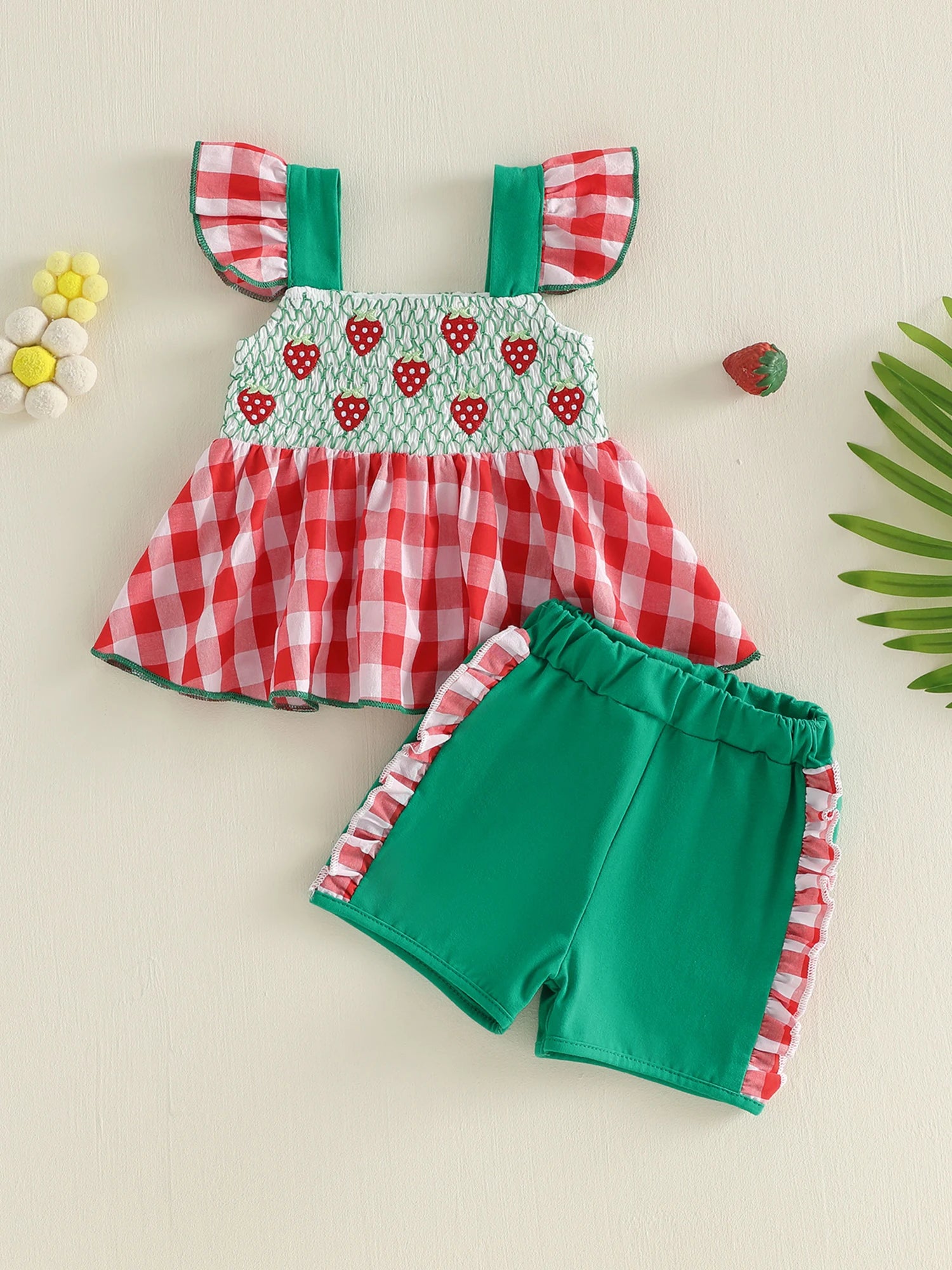 Adorable Toddler Girls 2 Piece Set with Cute Strawberry Embroidery Flutter Sleeve Top and Plaid Shorts - Fashionable Outfit