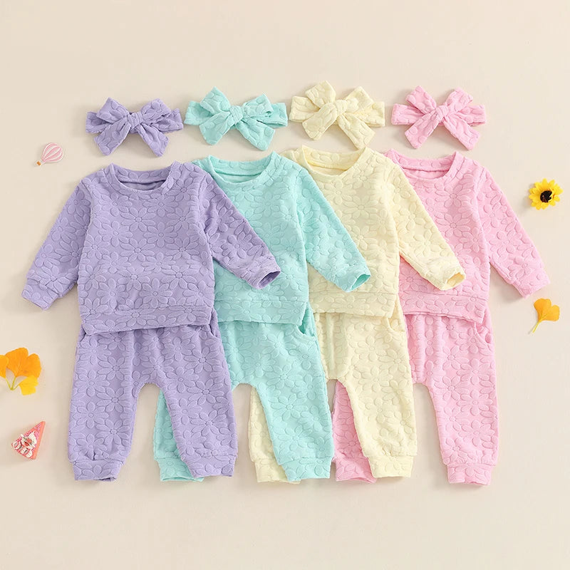 Toddler Girl Fall Outfit Daisy Embroidery Long Sleeve Sweatshirt with Elastic Waist Pants Headband Set