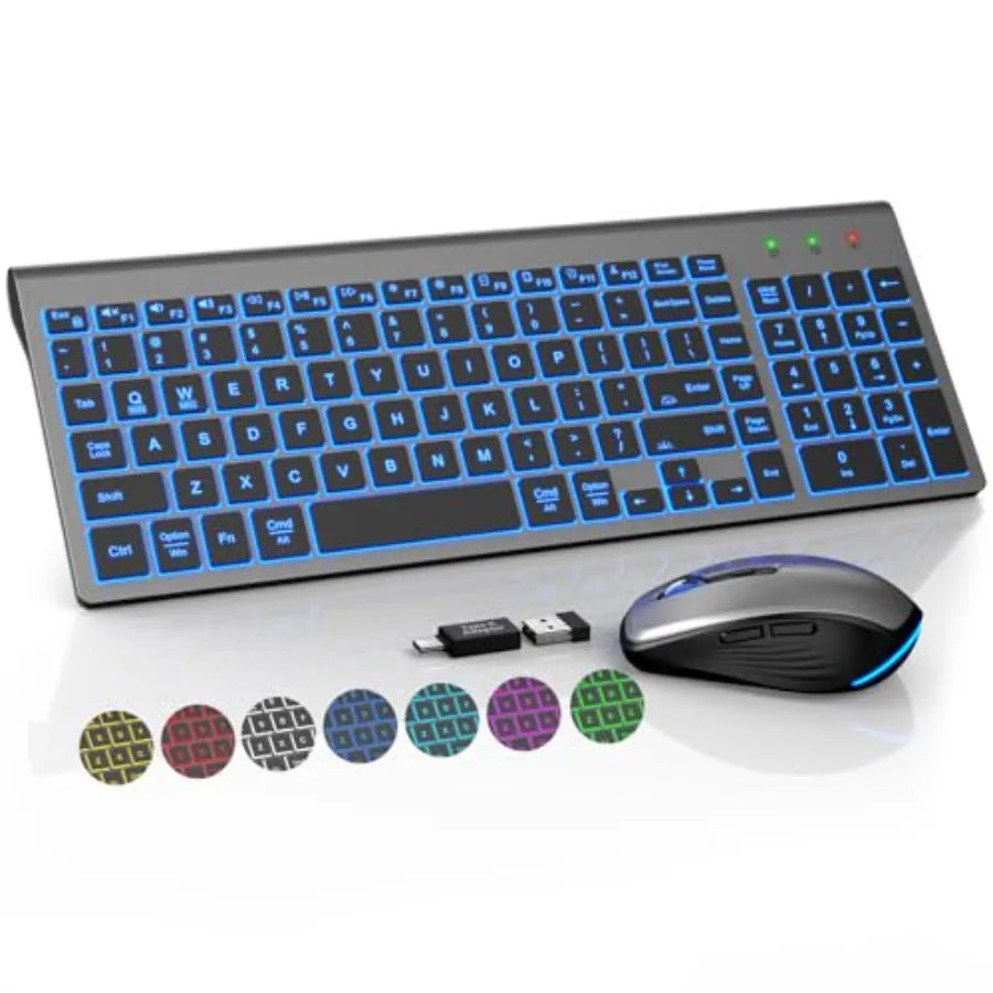 Wireless Keyboard and Mouse Combo Backlit - Compact Quiet Keyboard with RGB Mouse, Rechargeable, Slim, Sleep Mode, Portable Cor