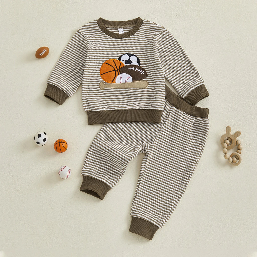Toddler Boy Autumn Outfit Striped Long Sleeve Sweatshirt with Rugby Embroidery and Elastic Pants 2 Piece Set for Baby