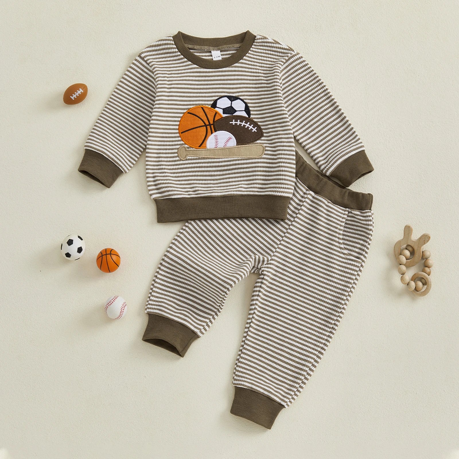 Toddler Boy Autumn Outfit Striped Long Sleeve Sweatshirt with Rugby Embroidery and Elastic Pants 2 Piece Set for Baby