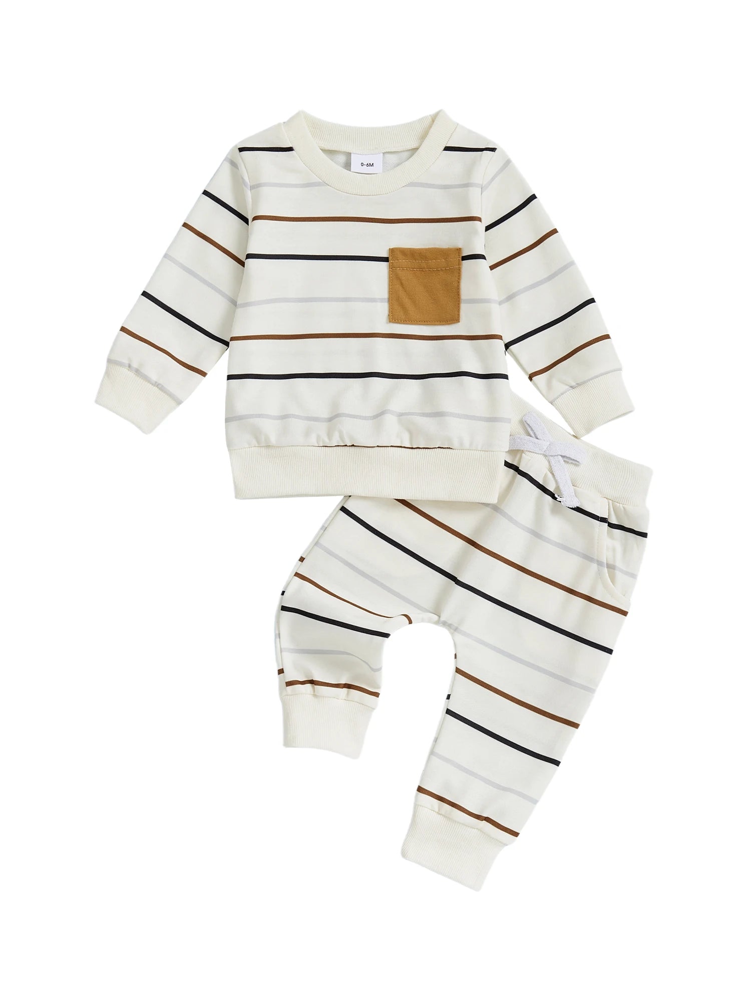 Boys Fall 2-Piece Outfit Long Sleeve Crew Neck Striped Shirt Elastic Waist Drawstring Pants Set for Autumn