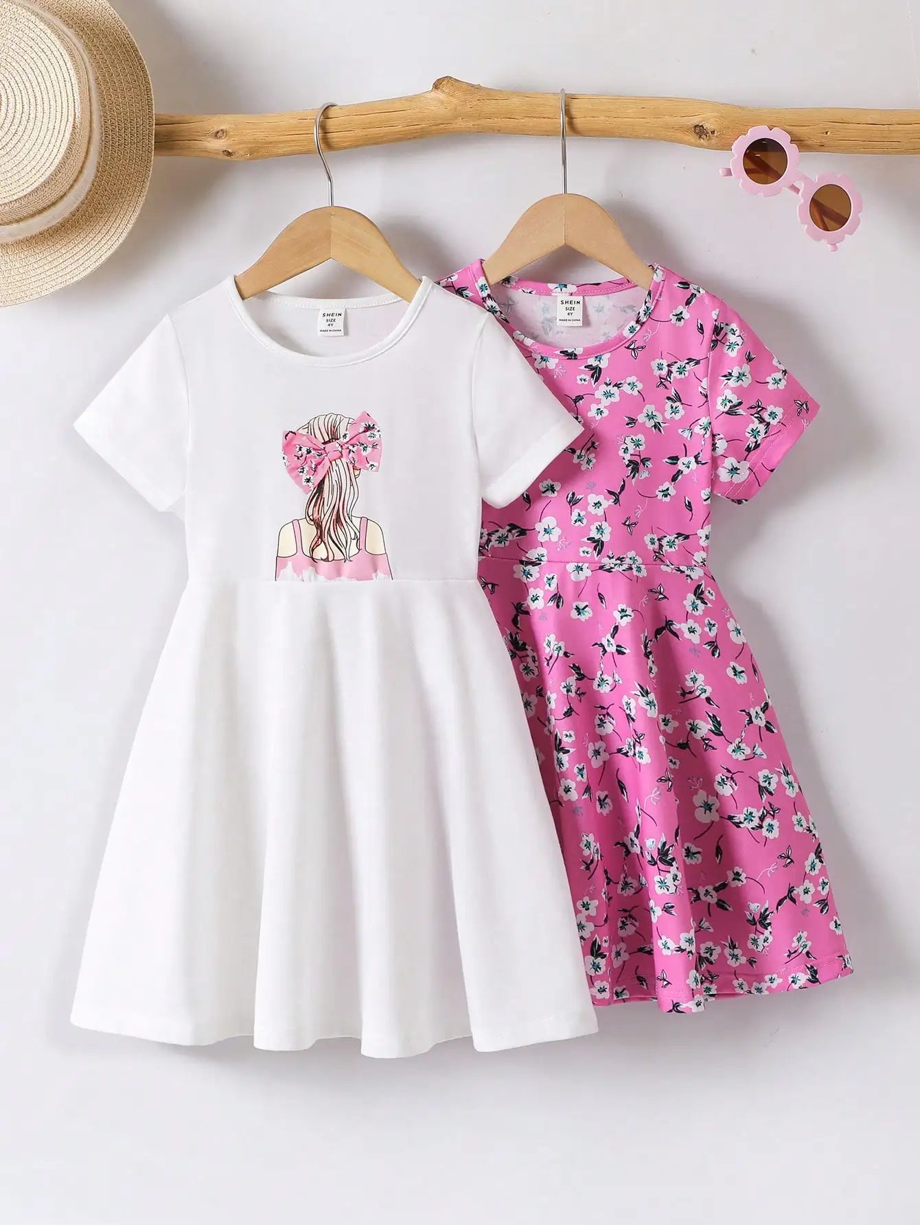 2-Pack Girls Short Sleeve A-Line Dresses with Rainbow & Heart Prints for Summer Casual Wear