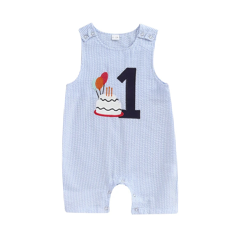 Infant Baby Boy Overalls, Embroidery Cake Striped Jumpsuit Birthday Clothes for Casual Daily 6-18M