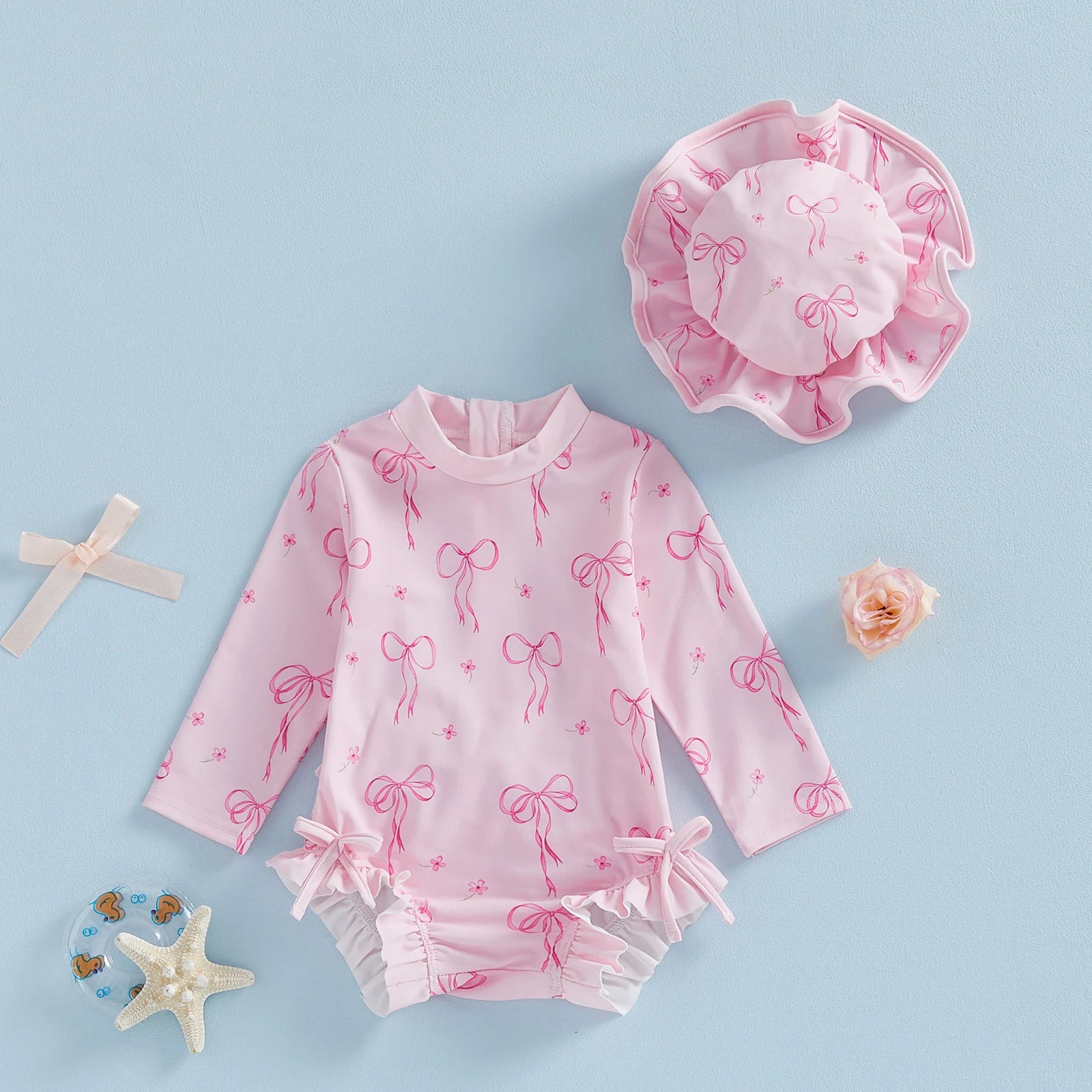 Toddler Girl Floral Rash Guard Swimsuit Set Girls Striped Long Sleeve Round Neck Ruffle Jumpsuit and Hat Set for Pool Beach