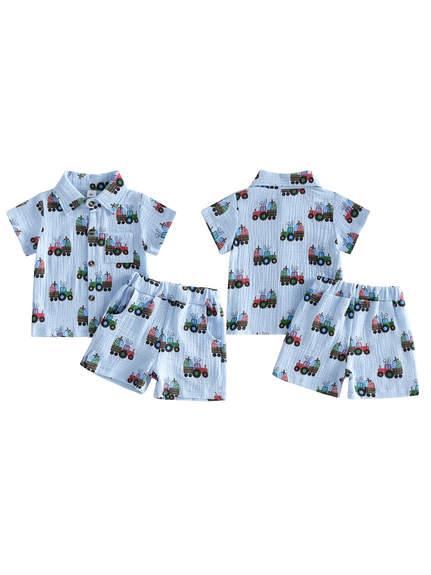 Easter Bunny Print Toddler Boys Outfit Set with Rabbit Ears Eggs Truck Design Short Sleeve Shirt and Elastic Waist Shorts