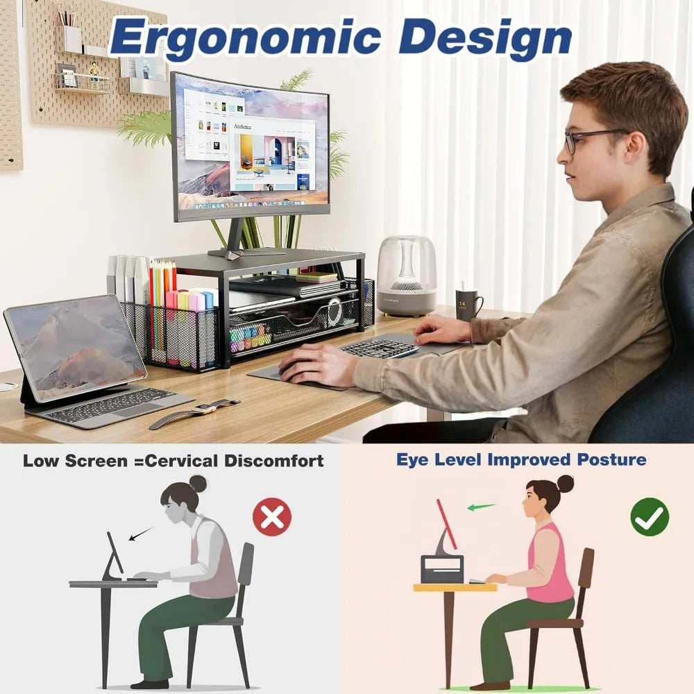 2-Tier Computer Monitor Stand Riser with Drawer and 2 Pen Holders, Laptop Stand, Office Desk Accessories, Black