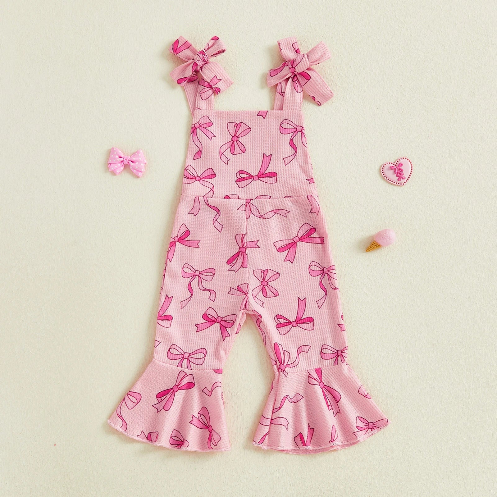 Adorable Infant Girls Sleeveless Romper with Cute Bow Detail and Stylish Bell Bottoms Perfect for Summer Outings and Playtime