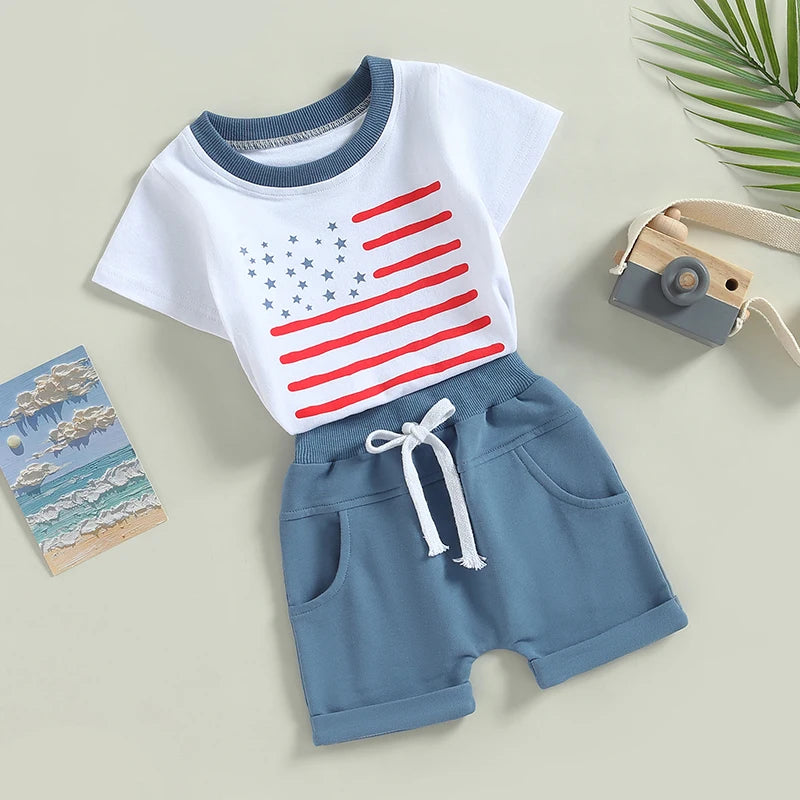Summer Independence Day Toddler Boys Outfits Stars Stripes Short Sleeve T-shirt and Casual Elastic Shorts Clothes Set