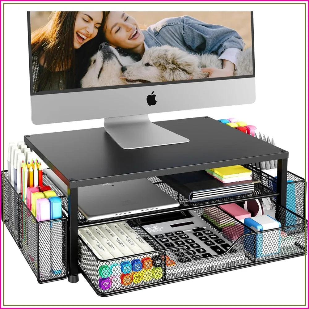 2-Tier Computer Monitor Stand Riser with Drawer and 2 Pen Holders, Laptop Stand, Office Desk Accessories, Black