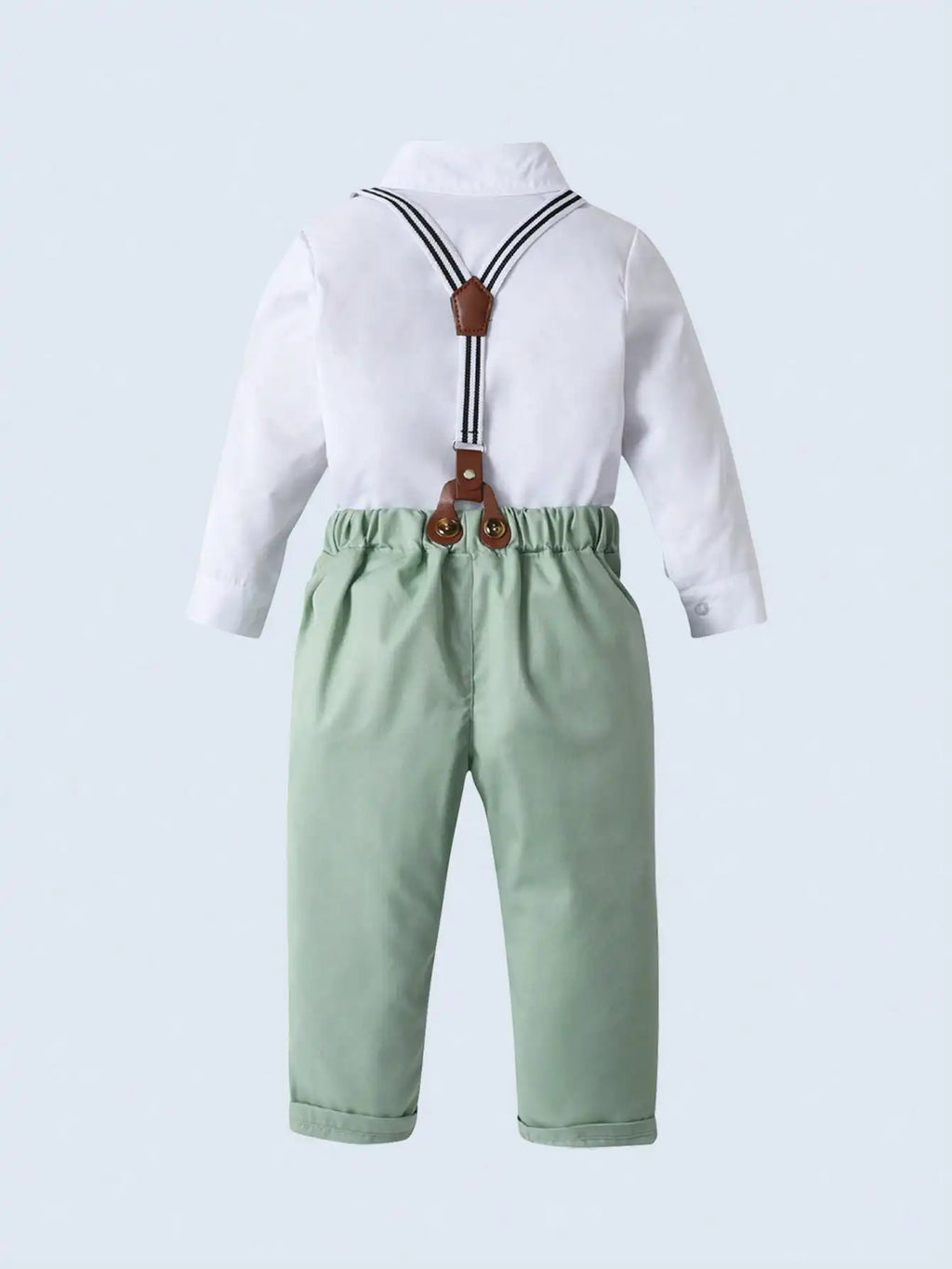 2-Piece Formal Outfit for Boys: White Long Sleeve Shirt with Mint Bowtie & Suspender Pants