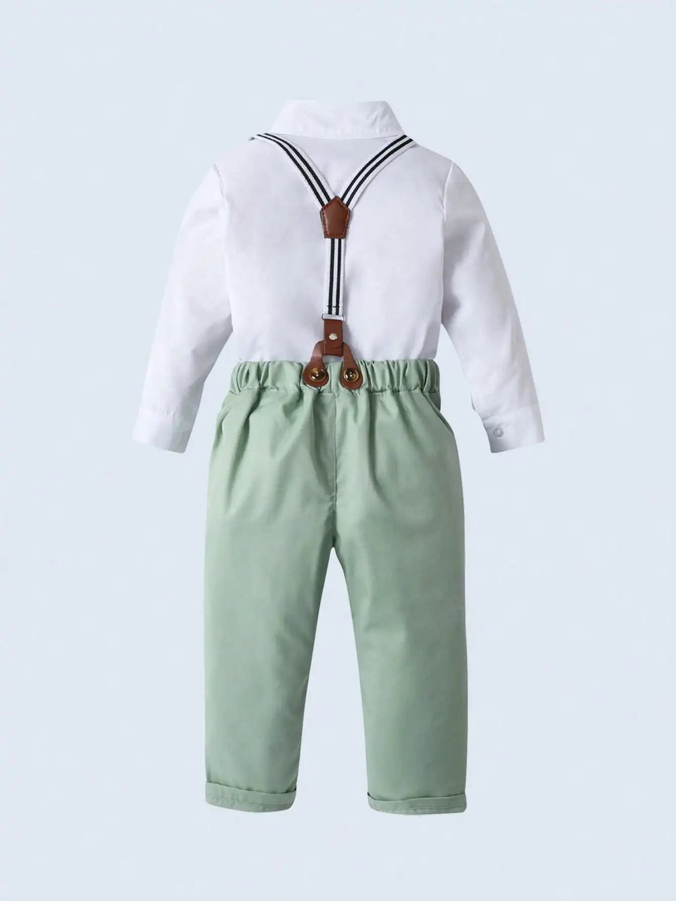 2-Piece Formal Outfit for Boys: White Long Sleeve Shirt with Mint Bowtie & Suspender Pants