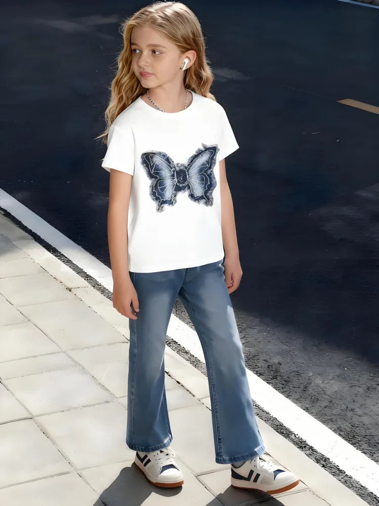 Children's Cotton T-Shirt Vintage Style Butterfly with Distressed Wing Details and Stitch Texture for Boys Girls Nature Inspired