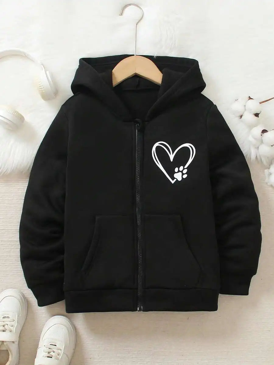 Pink Zip-Up Hoodie for Girls with Heart and Paw Print Graphic