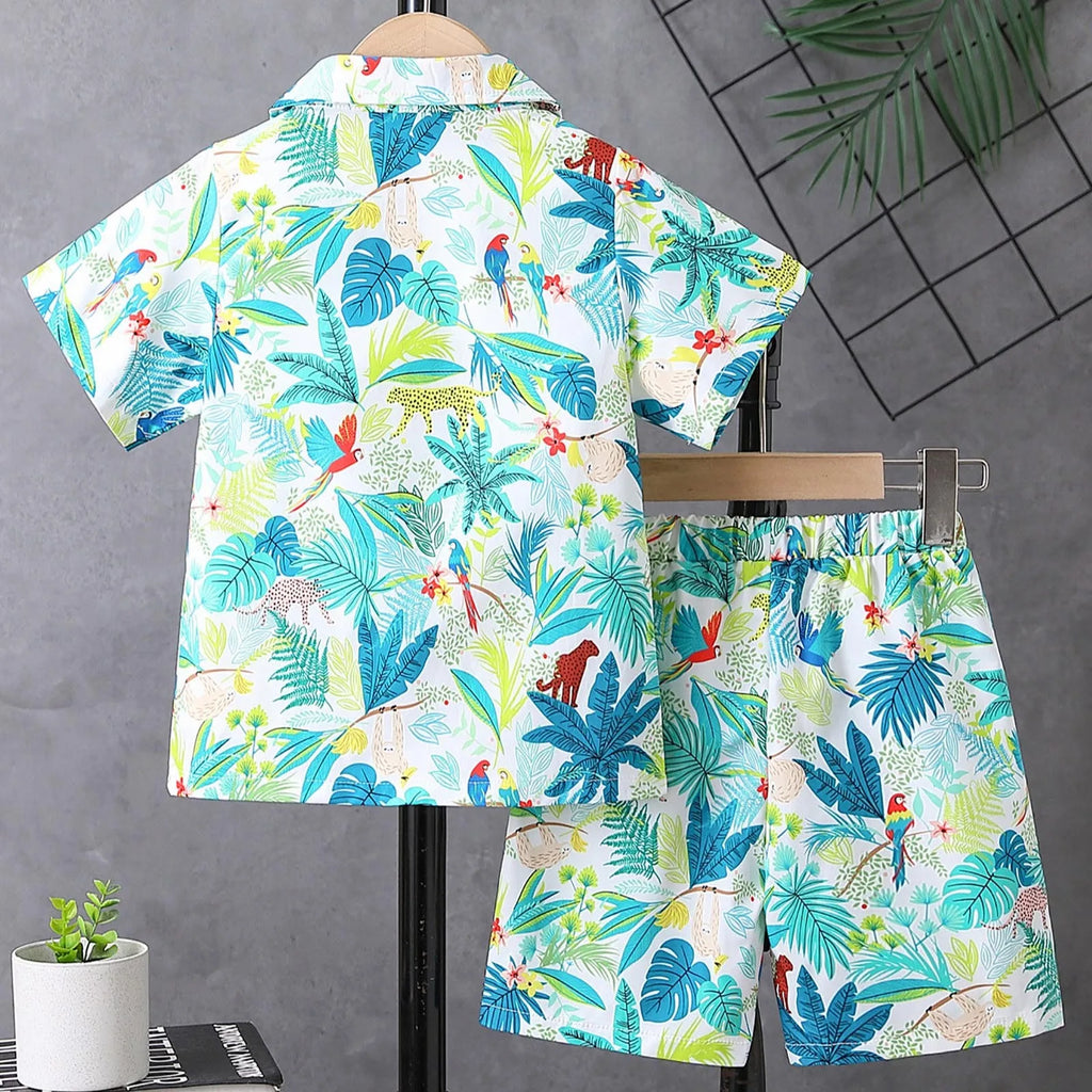 Boys Summer Beach Short Sleeved Lapel Cardigan Top Shorts Set Children Floral Shirt Shorts Children'S Baby Clothing Sets