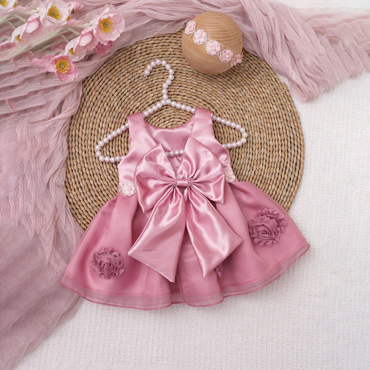 2Pcs Set White Newborn Girl Dress For Photo Shooting Big Bowknot Baby Photography Dress With Pearl Headband
