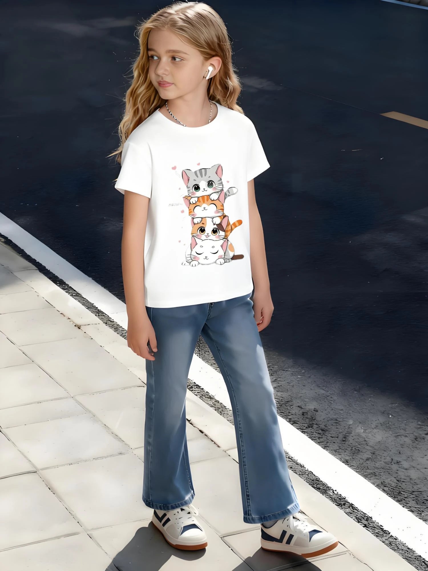 Kids Children's Cotton T-Shirt Stacked Cats with Colorful Patterns and Meow Text Cute Animal Design for Boys Girls Pet Lover