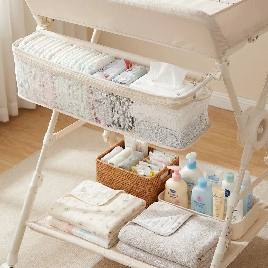 Baby Changing Table with Wheels - Adjustable Height, Storage Rack, Side Basket & Hanging Rail,