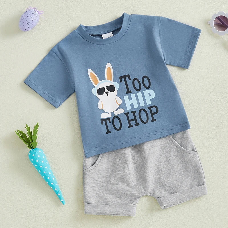 Boys Easter Outfit Set with Short Sleeve O Neck Bunny Print Top and Solid Color Shorts - Holiday Clothing for Kids