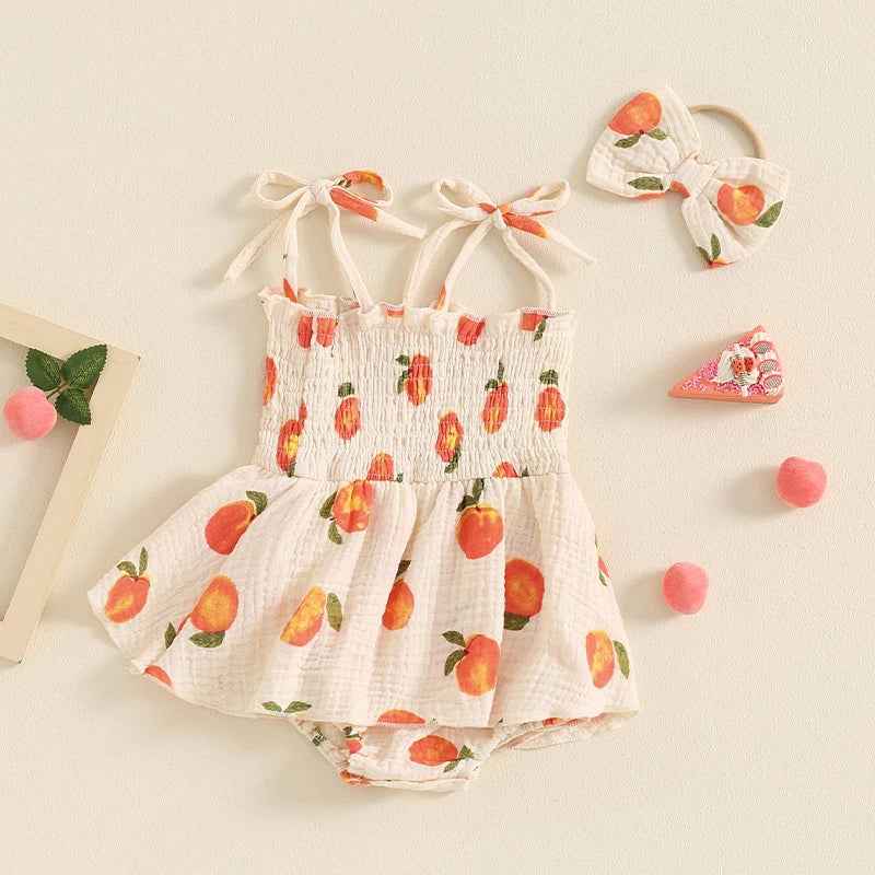 Baby Girls Summer Romper Dress Sleeveless Peach Print Cami Playsuit with Headband
