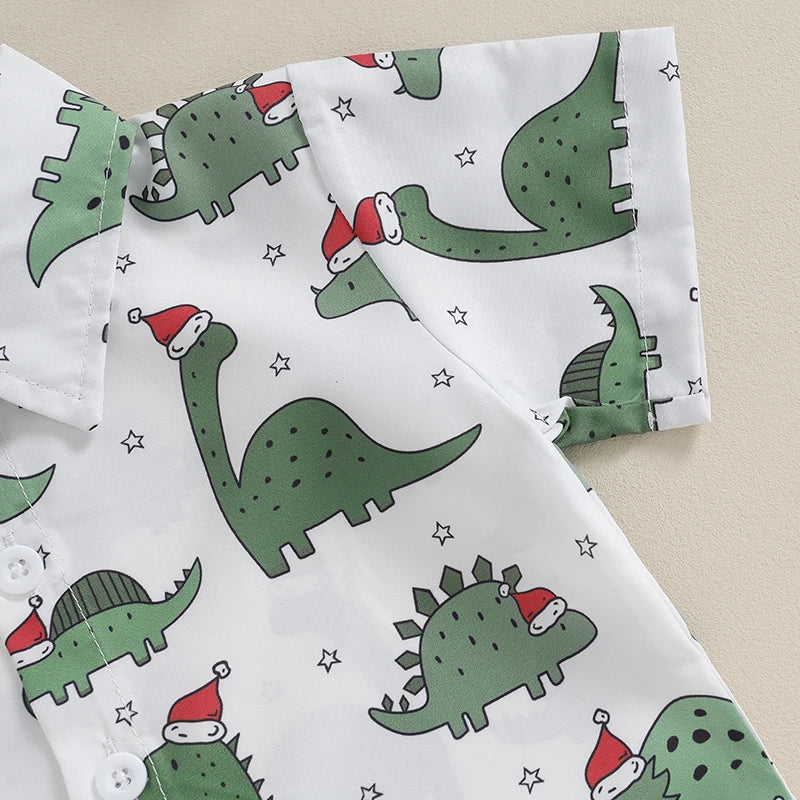 Baby Boy 2 Piece Set Christmas Reindeer Print Button Short Sleeve Shirt and Shorts for Holiday Formal Wear
