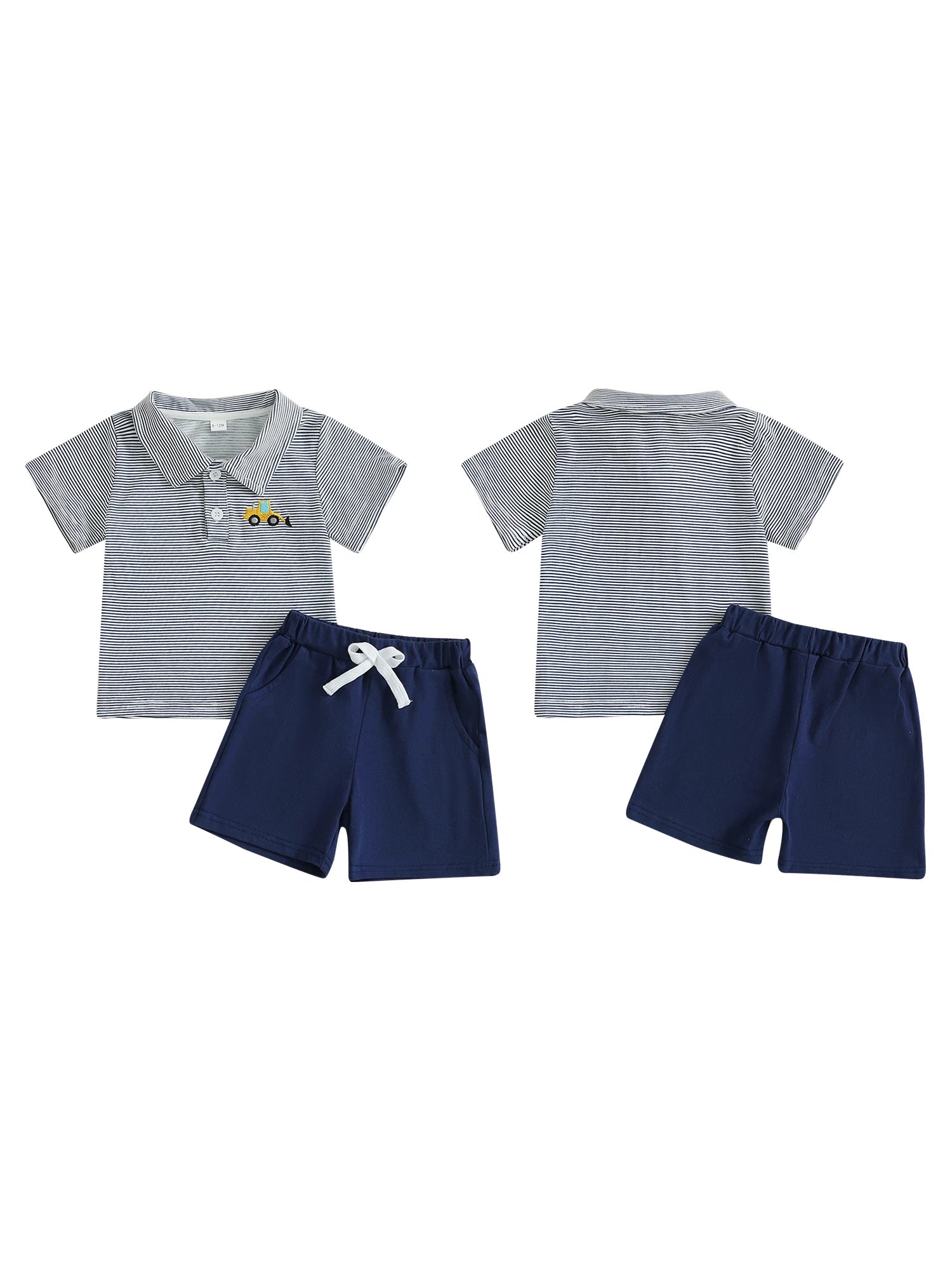 Boys Casual Summer Outfit Set with Short Sleeve Lapel Collar Striped Shirt and Matching Shorts - Trendy Kids Clothing