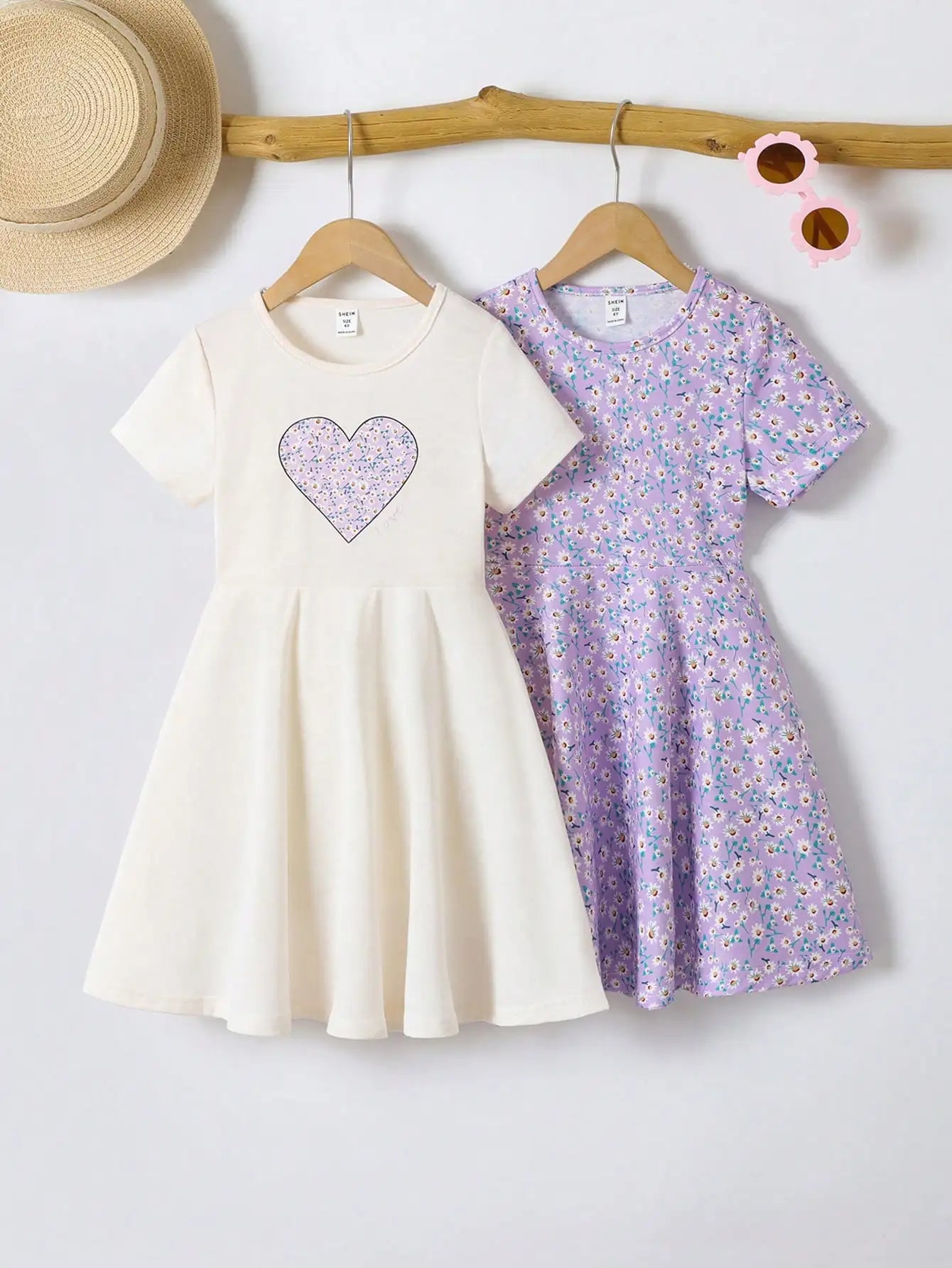 2-Pack Girls Short Sleeve A-Line Dresses with Rainbow & Heart Prints for Summer Casual Wear