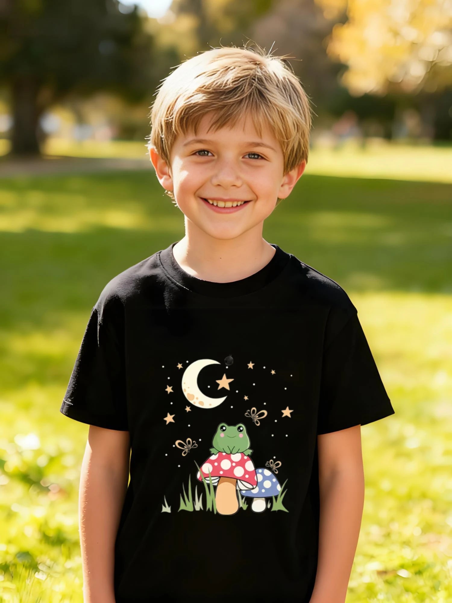 Kids Children's Cotton T-Shirt Frog on Mushroom with Moon and Stars for Boys Girls Fairy Tale Magical Theme